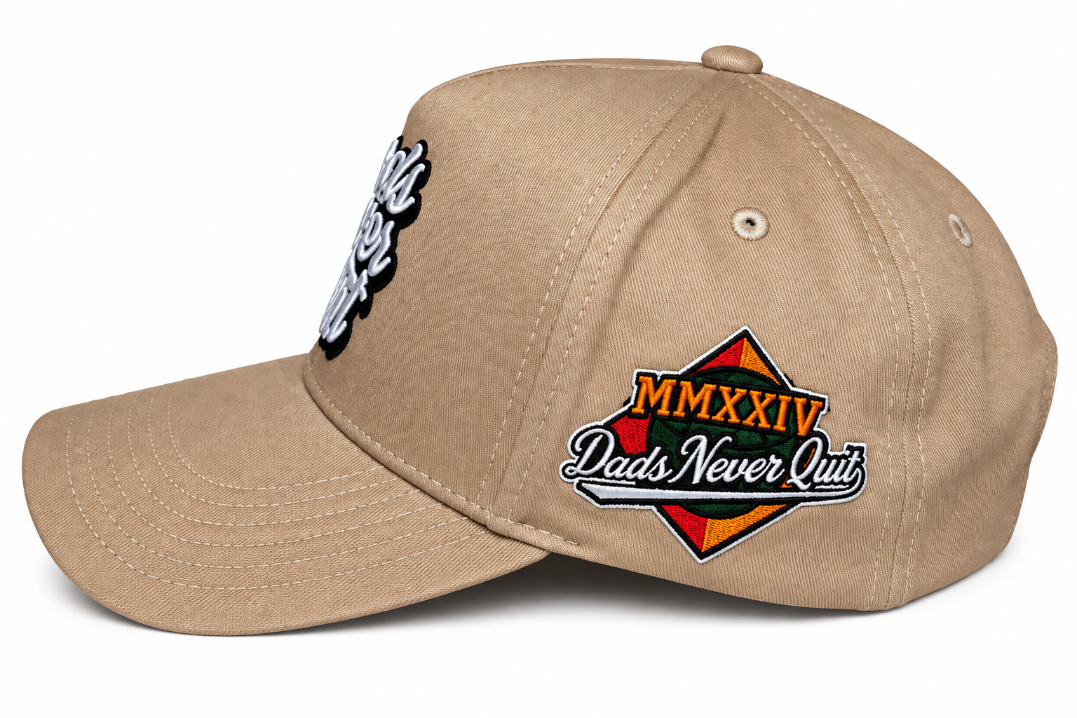 Dads Never Quit Snapback (TAN) + Premium Hat Clip