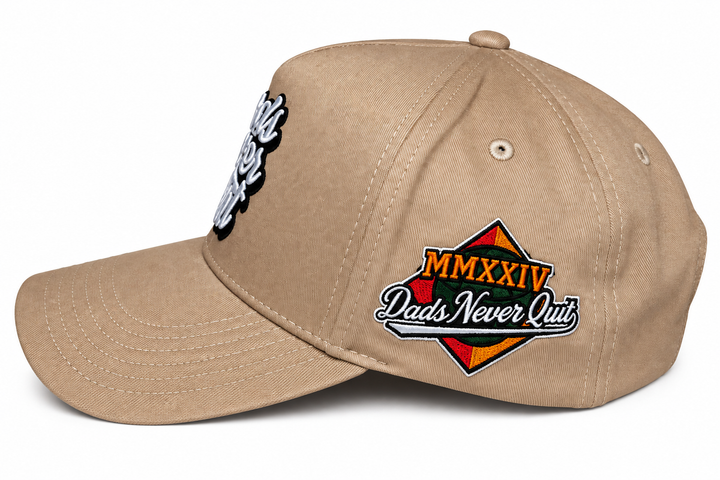 Dads Never Quit Snapback (TAN) + Premium Hat Clip