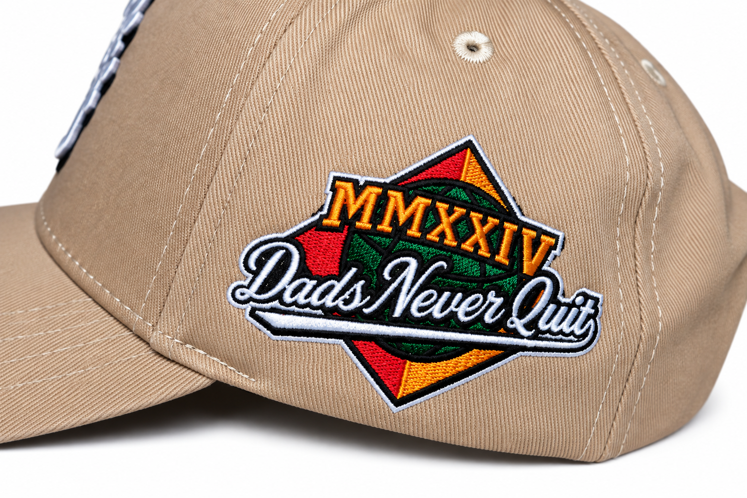 Dads Never Quit Snapback (TAN) + Premium Hat Clip